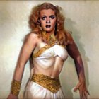 Blond Woman in White and Gold Costume with Determined Gaze