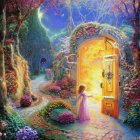 Girl in Pink Dress Standing in Glowing Doorway in Lush Garden Pathway