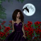 Woman in Purple Dress Surrounded by Red Roses Under Full Moon