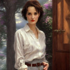 Woman in white blouse by open door in serene forest scene