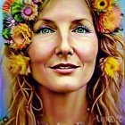 Colorful portrait of woman with floral headband in painterly style