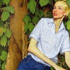 Blond woman in blue shirt and jeans near ivy-covered tree with wasp