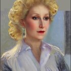 Blonde Curly-Haired Woman in White Outfit Portrait