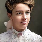 Vintage portrait of a woman with styled hair, high-neck dress, and bouquet