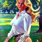 Colorful painting of a woman with blonde hair in a park setting