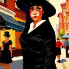 Stylized illustration of woman in black dress and hat with intense gaze on city street background