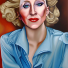 Blonde woman with blue eyeshadow and red lipstick in ruffled blue blouse