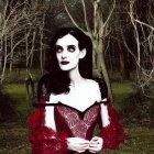 Pale woman with gothic makeup in red and black corset in dark forest