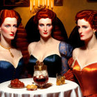 Three women with red updo hairstyles in elegant period dresses by a dessert table under warm lighting