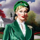 Woman in green hat and blazer by white house with red trees