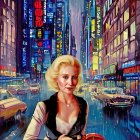 Blonde woman in vest and blouse in front of neon-lit city street