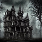 Victorian mansion in foggy forest with dark sky