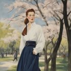 Stylized painting: Woman with auburn hair in white blouse and blue skirt among blossoming