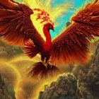 Majestic Phoenix with Red and Orange Feathers in Golden Glowing Setting