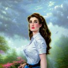 Digital artwork of woman with brown hair and red lipstick in white blouse against blue sky and greenery