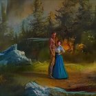 Serene painting of couple in wooded landscape with waterfall