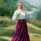 Blonde woman in white blouse and purple skirt in sunny meadow by river