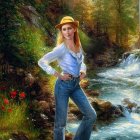 Woman in white blouse and jeans by sunlit stream