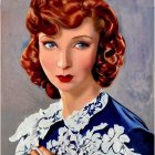 Illustrated portrait of woman with auburn hair and blue dress among white blossoms