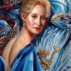 Digital painting: Woman with fair skin, blonde hair, blue garment, swirling water, mythological fish