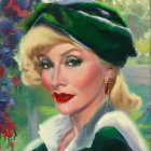 Blonde woman in green hat with red lipstick and earring portrait