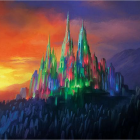 Fantasy castle on craggy peaks under colorful sunset sky