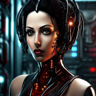 Female cyborg 3D render with intricate headgear and mechanical neck