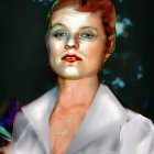 Portrait of Woman with Auburn Hair in Bun & White Blouse on Dark Background