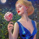 Woman in Blue Dress Holding Rose Under Moonlit Sky