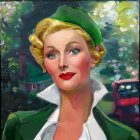 Vintage-Style Painting of Woman with Blond Hair and Green Hat