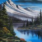 Tranquil landscape with snow-capped mountains, reflective lake, forests, and autumn trees