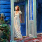 Woman in white dress at blue house entrance in warm evening light