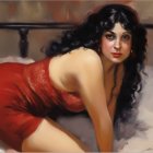 Portrait of woman with dark hair on white bed in red garment