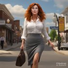 Red-haired woman in white blouse and gray skirt walking down sunny street with brown handbag