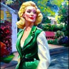 Blonde Woman in Green Dress 1950s Style Painting