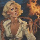 Blonde woman with red lipstick holding a cigarette in front of flames wearing a white blouse