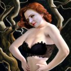 Red-haired woman with striking makeup posing against dark tree background