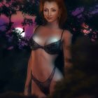 Digital art of woman in lingerie in moonlit mystical forest