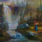 Historical couple by serene waterfall in lush greenery