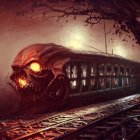 Dark and eerie train illustration in foggy forest landscape