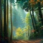 Tranquil forest path with towering trees and autumn leaves under sunlight