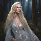 Blonde woman in white dress in misty forest with sun rays