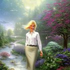 Blond woman in white shirt and skirt by mystical forest stream