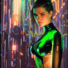 Futuristic neon cityscape digital artwork with woman, vibrant colors