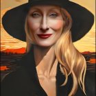 Platinum Blonde Woman in Wide-Brimmed Hat and Black Coat at Sunset