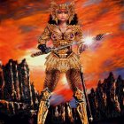 Female warrior in golden armor with scythe in fiery sky and dark waters