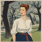 Stylized illustration of woman in updo hairstyle and white blouse, blue skirt, standing in park