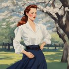 Vintage-Style Painting of Red-Haired Woman in White Blouse and Blue Skirt in Sunny Park