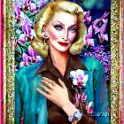 Blond woman in dark blouse with brooch, watch, and earrings amid violet orchids.