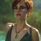 Portrait of Woman with Short Brown Hair and Glasses in Nature Setting